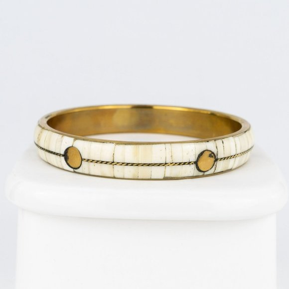 COPY - Brass Inlaid Bone Bangle Bracelet Panel Rectangle Off-White Circles Conv… - Picture 2 of 8